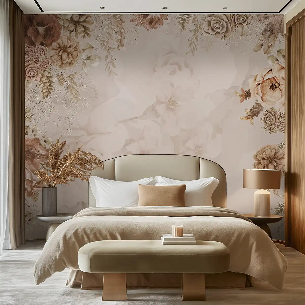 Wallpaper installation in luxury bedroom